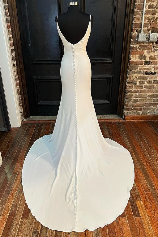 White Cowl Neck Backless Mermaid Long Sweep Wedding Dress, Slit - Princessly
