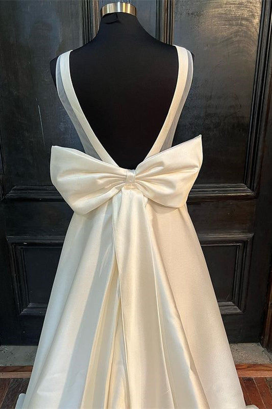 White Satin Bateau Bow V Back Sleeveless A-Line Wedding Dress