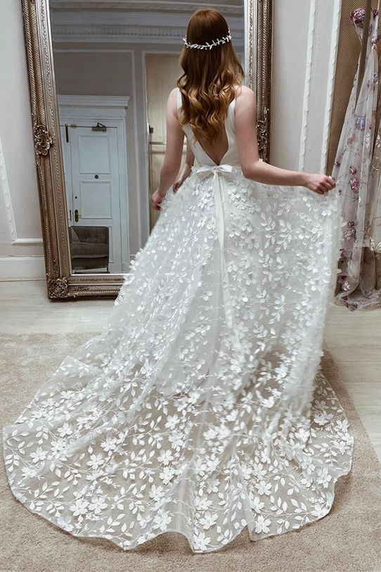 White Satin Plunging Sleeveless 3D Flowers V Back Wedding Dress