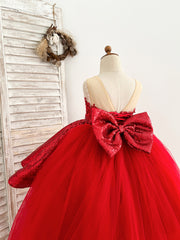 Abito da ragazza di fiori per festa di nozze con strascico staccabile in tulle di pizzo alto-basso con paillettes rosse