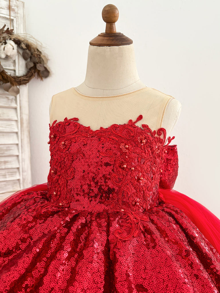 Abito da ragazza di fiori per festa di nozze con strascico staccabile in tulle di pizzo alto-basso con paillettes rosse