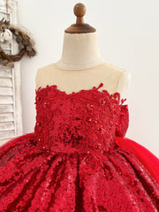 Abito da ragazza di fiori per festa di nozze con strascico staccabile in tulle di pizzo alto-basso con paillettes rosse