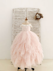 Robe de demoiselle d'honneur en tulle rose à épaules dénudées et à volants, longueur au sol, pour fête de mariage