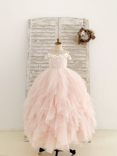 Abito da ragazza di fiori per festa di nozze con lunghezza del pavimento in tulle rosa con spalle scoperte e volant