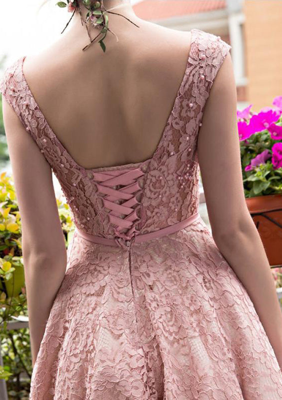 open lace back dress Lace Knee-Length Princess Sleeveless Bateau Lace Up Homecoming Dress, Belt Bowknot
