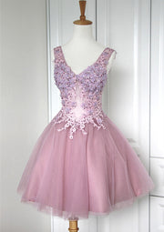 A-line Princess V-Neck Short Mini Tulle Cocktail Dress, Appliqued Beaded