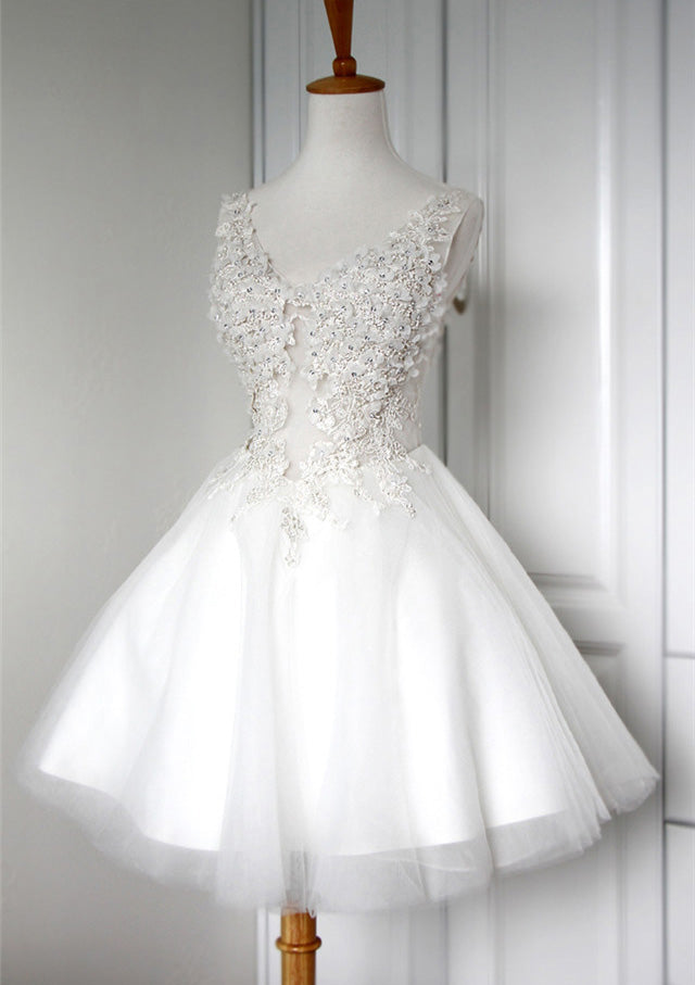 Minivestido de coquetel curto de tule princesa com decote em V, apliques de miçangas