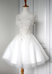 Minivestido de coquetel curto de tule princesa com decote em V, apliques de miçangas