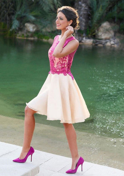 Chiffon Homecoming Dress A-Line Bateau Sleeveless Knee-Length Illusion Lace