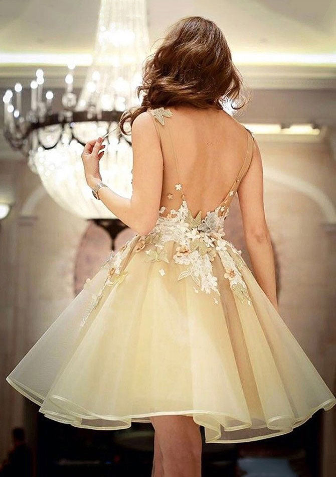 Organza Cocktail Dress Champagne A-Line Bateau V-Back Short Mini, Lace Organza Cocktail Dress Champagne A-Line Bateau V-Back Short Mini, Lace