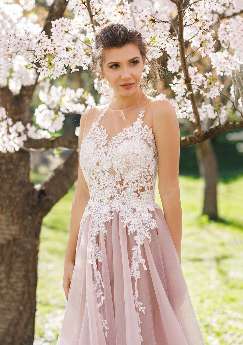 Princess V-Neck Floor-length Tulle Prom Dresses Blushing Pink main image 1