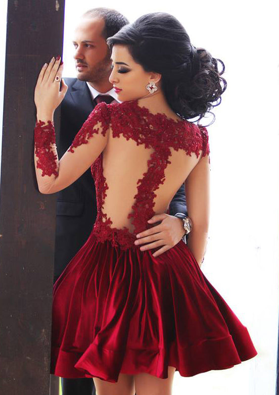 プリンセスジュエルネックイリュージョンフルスリーブショートミニシャルムーズホームカミングドレス、レース