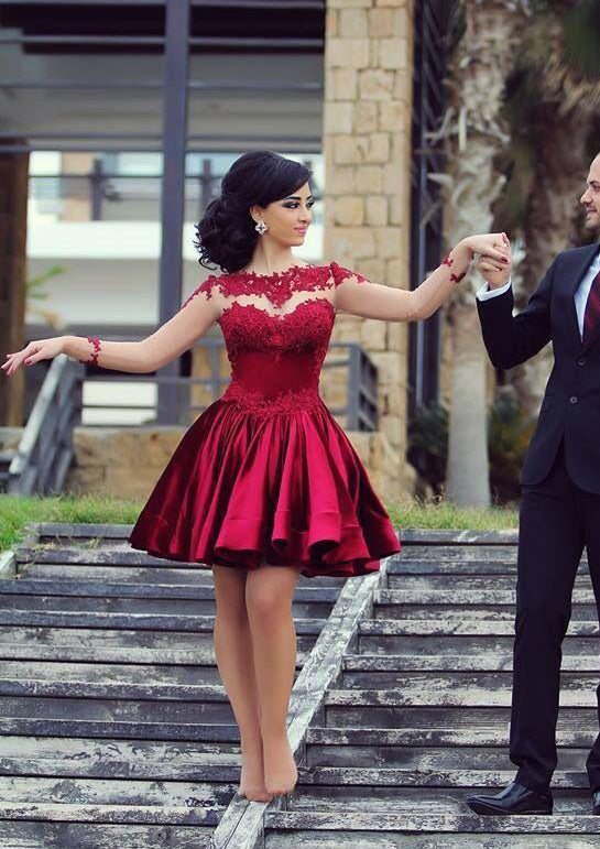 プリンセスジュエルネックイリュージョンフルスリーブショートミニシャルムーズホームカミングドレス、レース