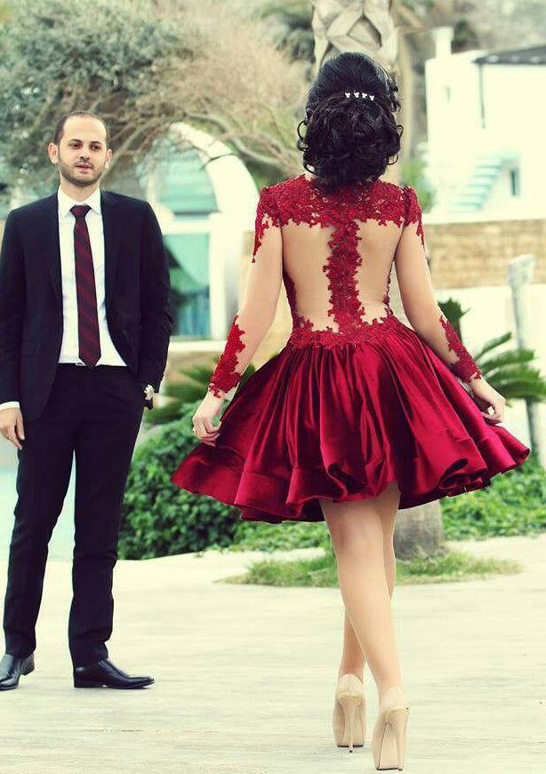 プリンセスジュエルネックイリュージョンフルスリーブショートミニシャルムーズホームカミングドレス、レース