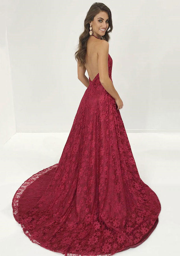 A-line Halter Plunging V-neck Backless Sweep Train Burgundy Lace Prom Dress, Slit A-line Halter Plunging V-neck Backless Sweep Train Burgundy Lace Prom Dress, Slit