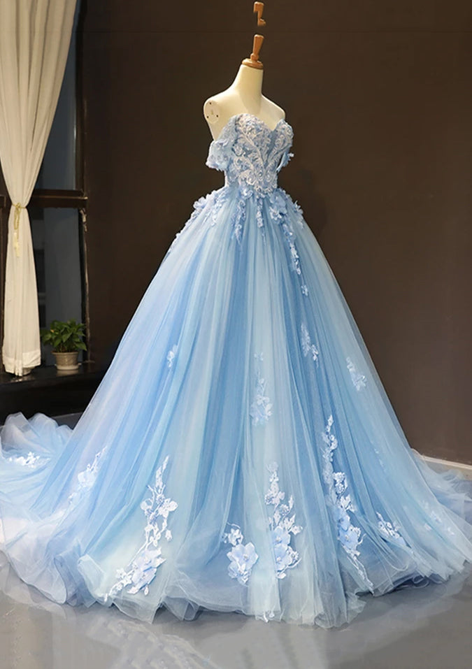 strapless open back dress Princess Ball Gown Off-the-Shoulder Sweetheart Sweep Train Tulle Prom