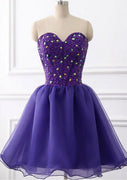 A-line Sweetheart Sleeveless Organza Short Mini Homecoming Dress, Beading Rhinestone