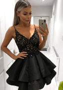 A-line V Neck Sleeveless Black Taffeta Short Mini Homecoming Dress, Lace Beading