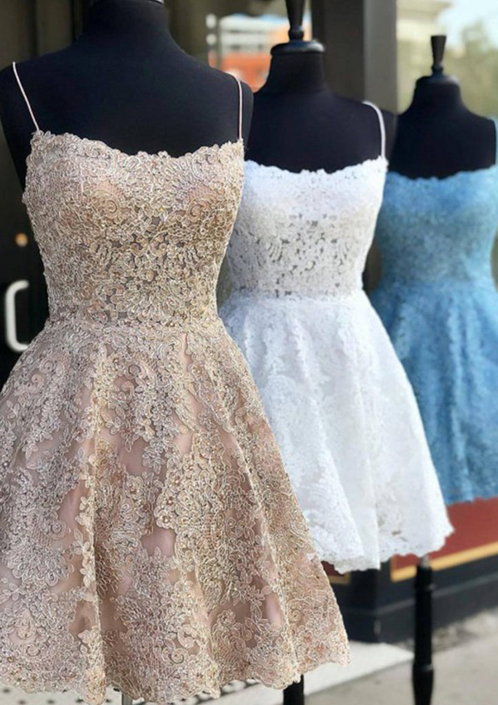 A-ligne encolure dégagée sans manches dentelle bleue courte mini robes de soirée