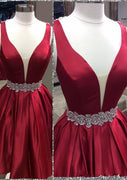 A-line Plunging Sleeveless Burgundy Satin Short Mini Homecoming Dress, Beaded