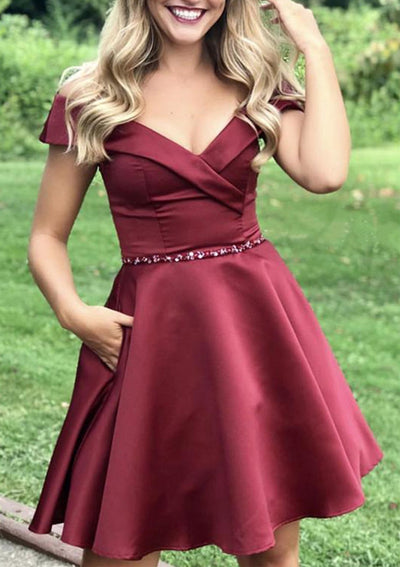 A-line Off Shoulder Sleeveless Burgundy Satin Short Mini Homecoming Dress, Beading Pockets
