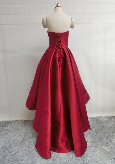 A-line Sweetheart Sleeveless Burgundy Satin Asymmetrical Homecoming Dress, Pleated