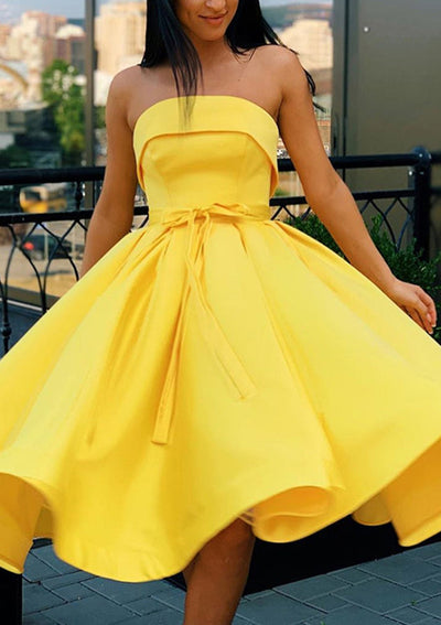 Strapless Sleeveless Yellow Satin Ball Gown Tea-Length Homecoming Dress, Sash