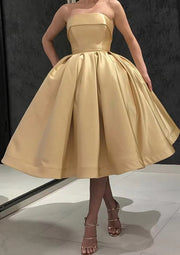 Strapless Sleeveless Yellow Satin Ball Gown Tea-Length Homecoming Dress, Sash