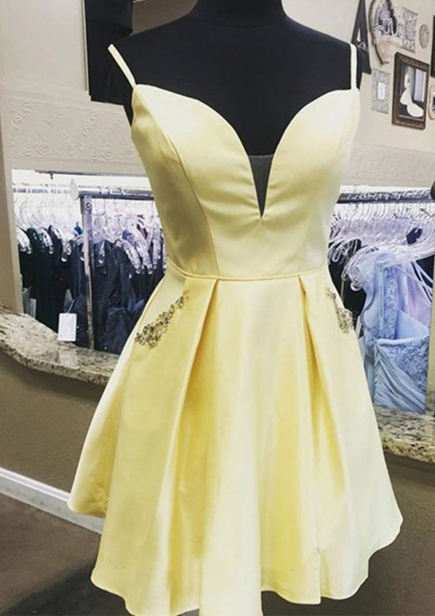 hoco dresses pastel A-line Plunging Sleeveless Satin Short Mini Homecoming Dress, Pockets Beading
