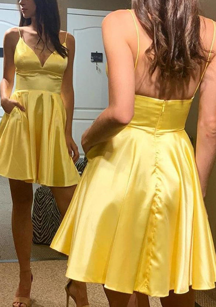 Aライン Vネック ノースリーブ シャルムーズ ショート ミニ ホームカミングドレス、ポケット