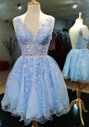 A-line V Neck Sleeveless Short Mini Lace Homecoming Dress, Lace Beading