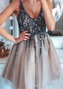 A-line V Neck Sleeveless Tulle Short Mini Homecoming Dress, Sequins