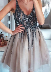 A-line V Neck Sleeveless Tulle Short Mini Homecoming Dress, Sequins