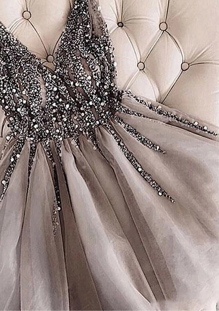 A-line V Neck Sleeveless Tulle Short Mini Homecoming Dress, Sequins