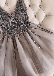 A-line V Neck Sleeveless Tulle Short Mini Homecoming Dress, Sequins