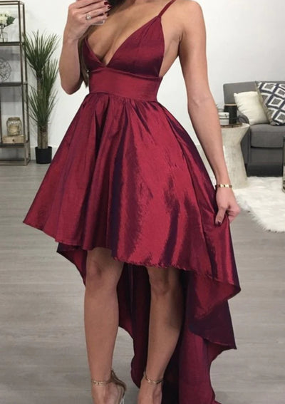 A-line V Neck Sleeveless Burgundy Taffeta Asymmetrical Homecoming Dress