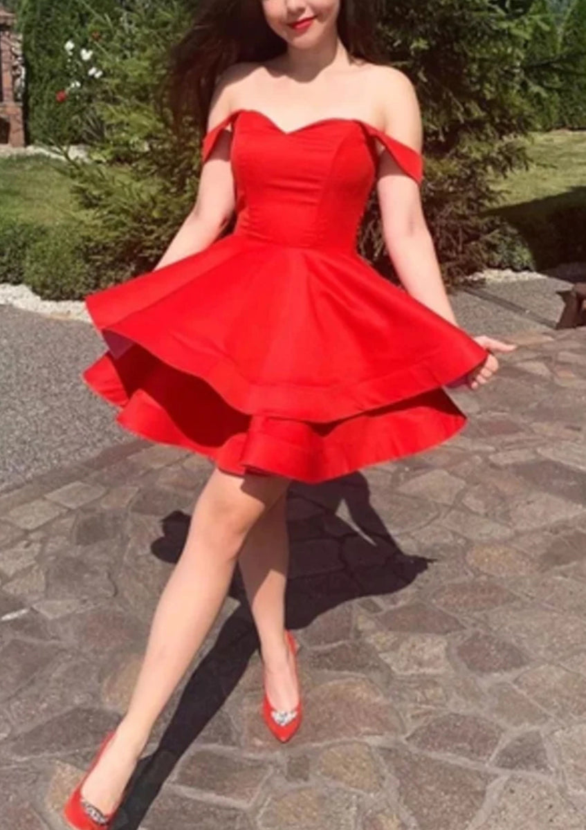 Stylish Off The Shoulder Red Satin Sheath Short Homecoming Dress Sexy Cocktail Dress Y9924