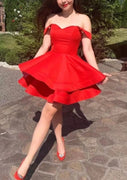 A-line Off Shoulder Sweetheart Layered Red Satin Short Mini Homecoming Dress