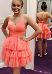 A-line V Neck Sleeveless Tulle Short Mini Homecoming Dress, Pleated Ruffles