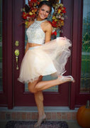 Mini abito corto da homecoming in organza avorio con scollo all'americana in due pezzi, linea A, paillettes con perline