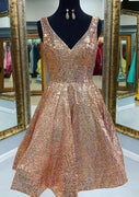 A-line V Neck Sleeveless Sequined Knee-Length Homecoming Dress