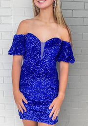 Sheath Sweetheart Off Shoulder Short Sleeve Sequined Short Mini Homecoming Dress