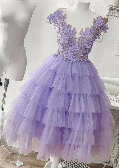 A-line Sheer Neck Tiered Tutu Lavender Tulle Tea Length Homecoming Dress, Flowers Lace
