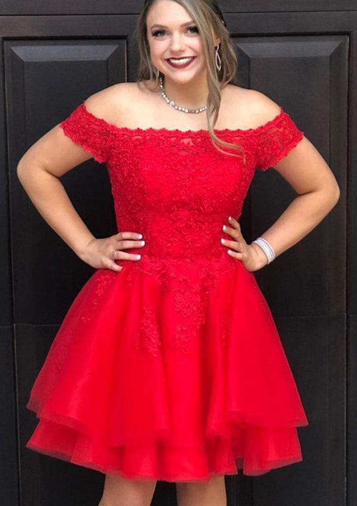 Mini vestido de regreso a casa corto de tul con encaje y manga corta con hombros descubiertos y corte en A, rebordear