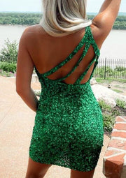Sheath Glitter One-Shoulder Sleeveless Sequined Short Mini Homecoming Dress, Cutout