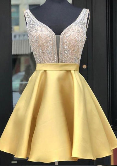 A-Linie, tiefes, ärmelloses, kurzes Mini-Heimkehrkleid aus Satin, mit Perlen besetzte Pailletten