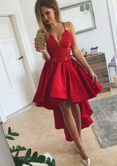 A-line V Neck Sleeveless Red Satin High Low Homecoming Dress, Appliqued Lace