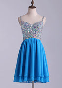 Mini vestido de baile curto de chiffon sem mangas com corte A, cristal com miçangas