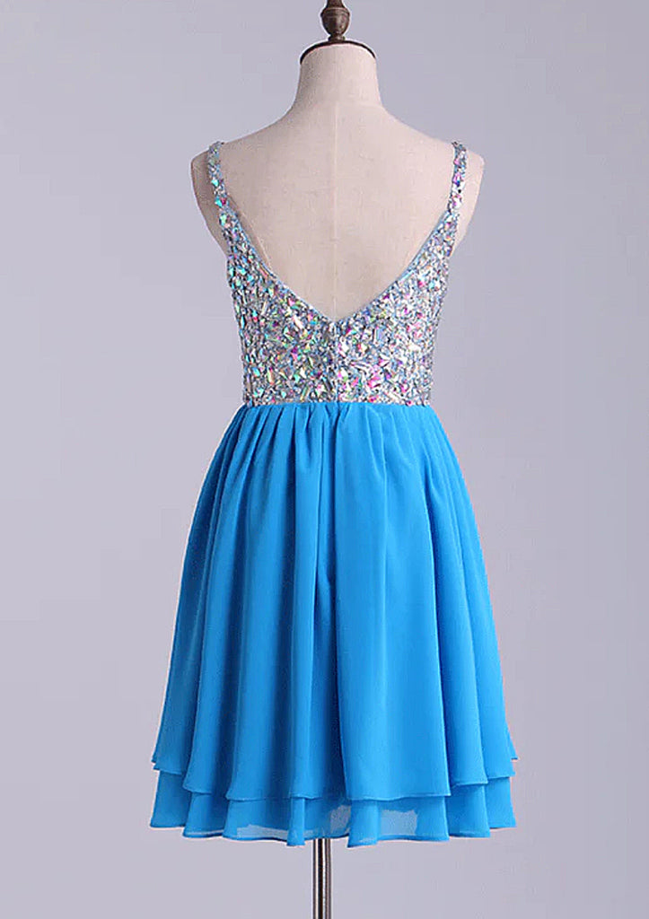 A-ligne chérie sans manches en mousseline de soie courte mini robe de soirée, perles cristal