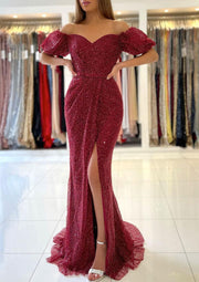 Meerjungfrau Off-Shoulder Herzausschnitt Sweep Train Metallic Garn Abschlussballkleid, Pailletten